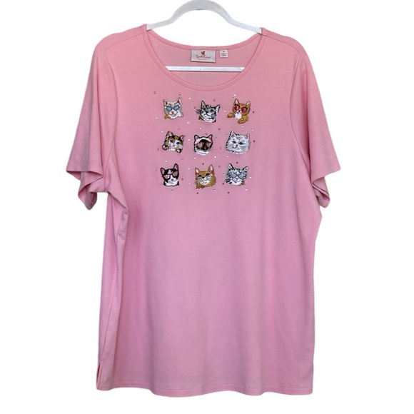 Quacker Factory Cat Embroidery Print Soft Tee Shirt Size 1X - Picture 2 of 4